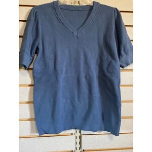 Navy Blue Ribbed Knit‎ Top Puff Short Sleeve V Neck Casual Blouse Large